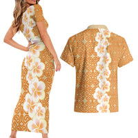 Personalised Tufi Tapa and Tattoo Festival Couples Matching Short Sleeve Bodycon Dress and Hawaiian Shirt Oro Tapa Cloth With Plumeria LT14 - Polynesian Pride