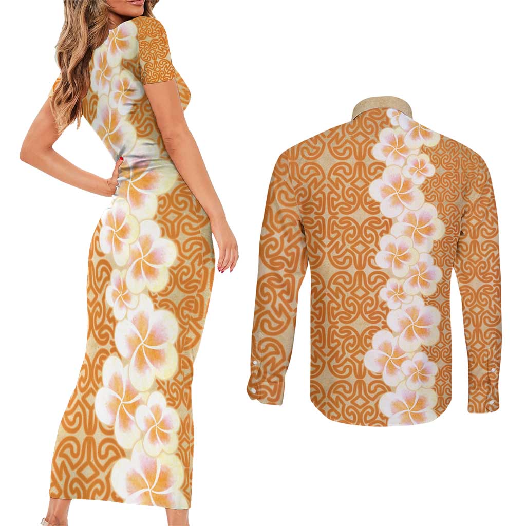 Personalised Tufi Tapa and Tattoo Festival Couples Matching Short Sleeve Bodycon Dress and Long Sleeve Button Shirt Oro Tapa Cloth With Plumeria LT14 - Polynesian Pride