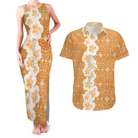 Personalised Tufi Tapa and Tattoo Festival Couples Matching Tank Maxi Dress and Hawaiian Shirt Oro Tapa Cloth With Plumeria LT14 Brown - Polynesian Pride