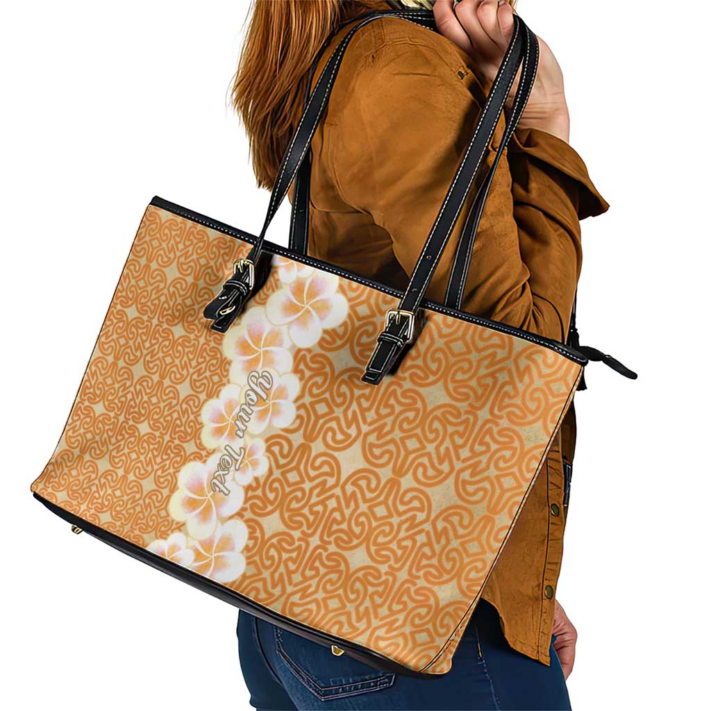 Personalised Tufi Tapa and Tattoo Festival Leather Tote Bag Oro Tapa Cloth With Plumeria LT14 - Polynesian Pride