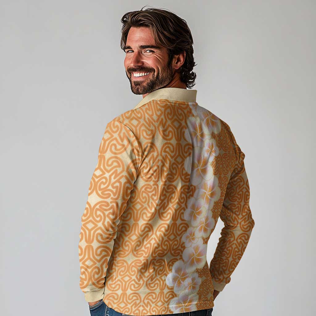 Personalised Tufi Tapa and Tattoo Festival Long Sleeve Polo Shirt Oro Tapa Cloth With Plumeria LT14 - Polynesian Pride