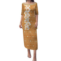 Personalised Tufi Tapa and Tattoo Festival Puletasi Oro Tapa Cloth With Plumeria LT14 Long Dress Brown - Polynesian Pride