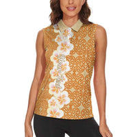 Personalised Tufi Tapa and Tattoo Festival Women Sleeveless Polo Shirt Oro Tapa Cloth With Plumeria LT14 - Polynesian Pride