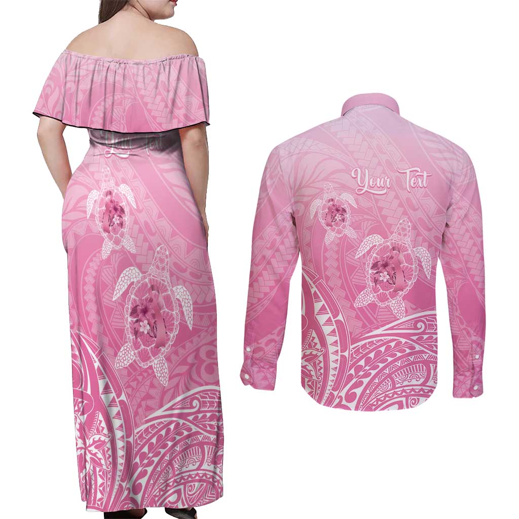 Personalised Polynesia Breast Cancer Awareness Couples Matching Off Shoulder Maxi Dress and Long Sleeve Button Shirt No One Fights Alone Turtle Ribbon - Pink Version