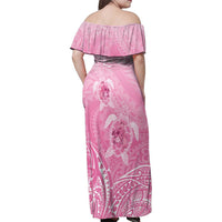 Personalised Polynesia Breast Cancer Awareness Family Matching Off Shoulder Maxi Dress and Hawaiian Shirt No One Fights Alone Turtle Ribbon - Pink Version