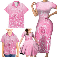 Personalised Polynesia Breast Cancer Awareness Family Matching Short Sleeve Bodycon Dress and Hawaiian Shirt No One Fights Alone Turtle Ribbon - Pink Version