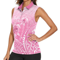 Personalised Polynesia Breast Cancer Awareness Women Sleeveless Polo Shirt No One Fights Alone Turtle Ribbon - Pink Version