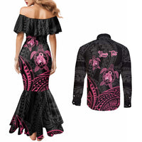 Personalised Polynesia Breast Cancer Awareness Couples Matching Mermaid Dress and Long Sleeve Button Shirt No One Fights Alone Turtle Ribbon - Black Version