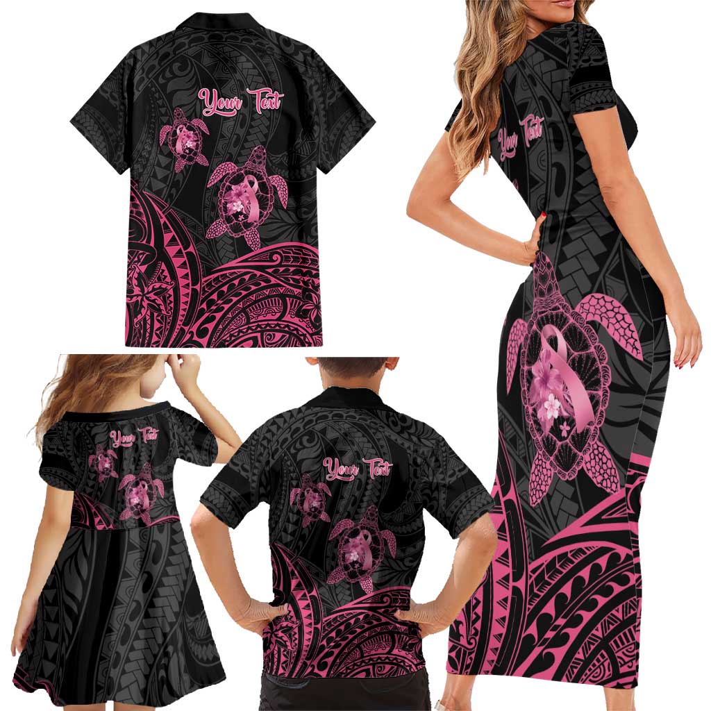 Personalised Polynesia Breast Cancer Awareness Family Matching Short Sleeve Bodycon Dress and Hawaiian Shirt No One Fights Alone Turtle Ribbon - Black Version