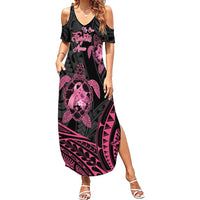 Personalised Polynesia Breast Cancer Awareness Family Matching Summer Maxi Dress and Hawaiian Shirt No One Fights Alone Turtle Ribbon - Black Version