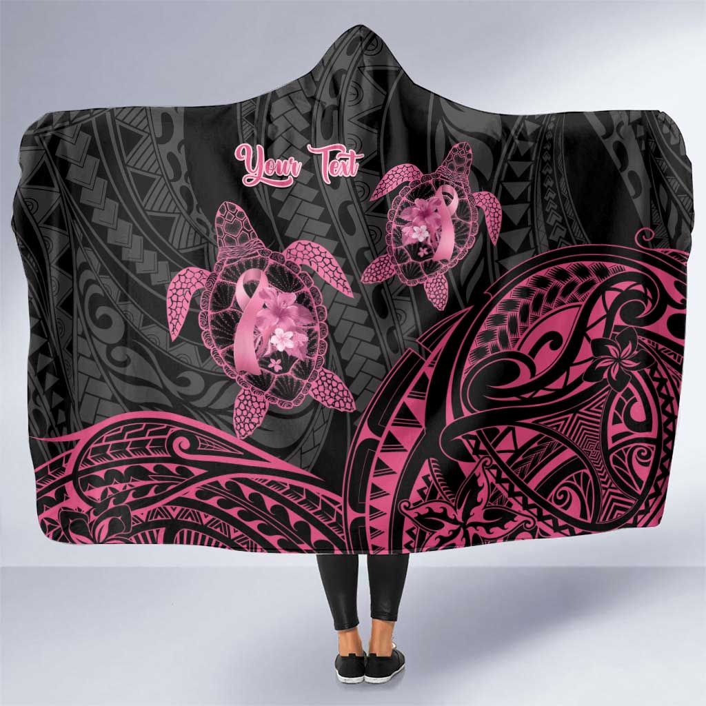 Personalised Polynesia Breast Cancer Awareness Hooded Blanket No One Fights Alone Turtle Ribbon - Black Version