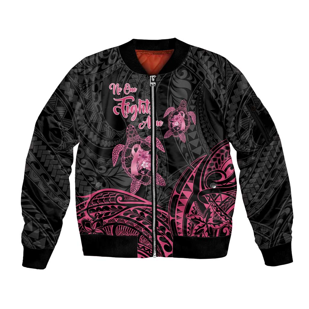 Personalised Polynesia Breast Cancer Awareness Sleeve Zip Bomber Jacket No One Fights Alone Turtle Ribbon - Black Version