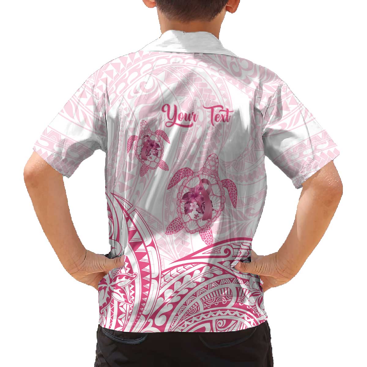 Personalised Polynesia Breast Cancer Awareness Family Matching Off Shoulder Short Dress and Hawaiian Shirt No One Fights Alone Turtle Ribbon - White Version