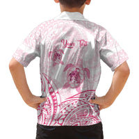 Personalised Polynesia Breast Cancer Awareness Family Matching Puletasi and Hawaiian Shirt No One Fights Alone Turtle Ribbon - White Version