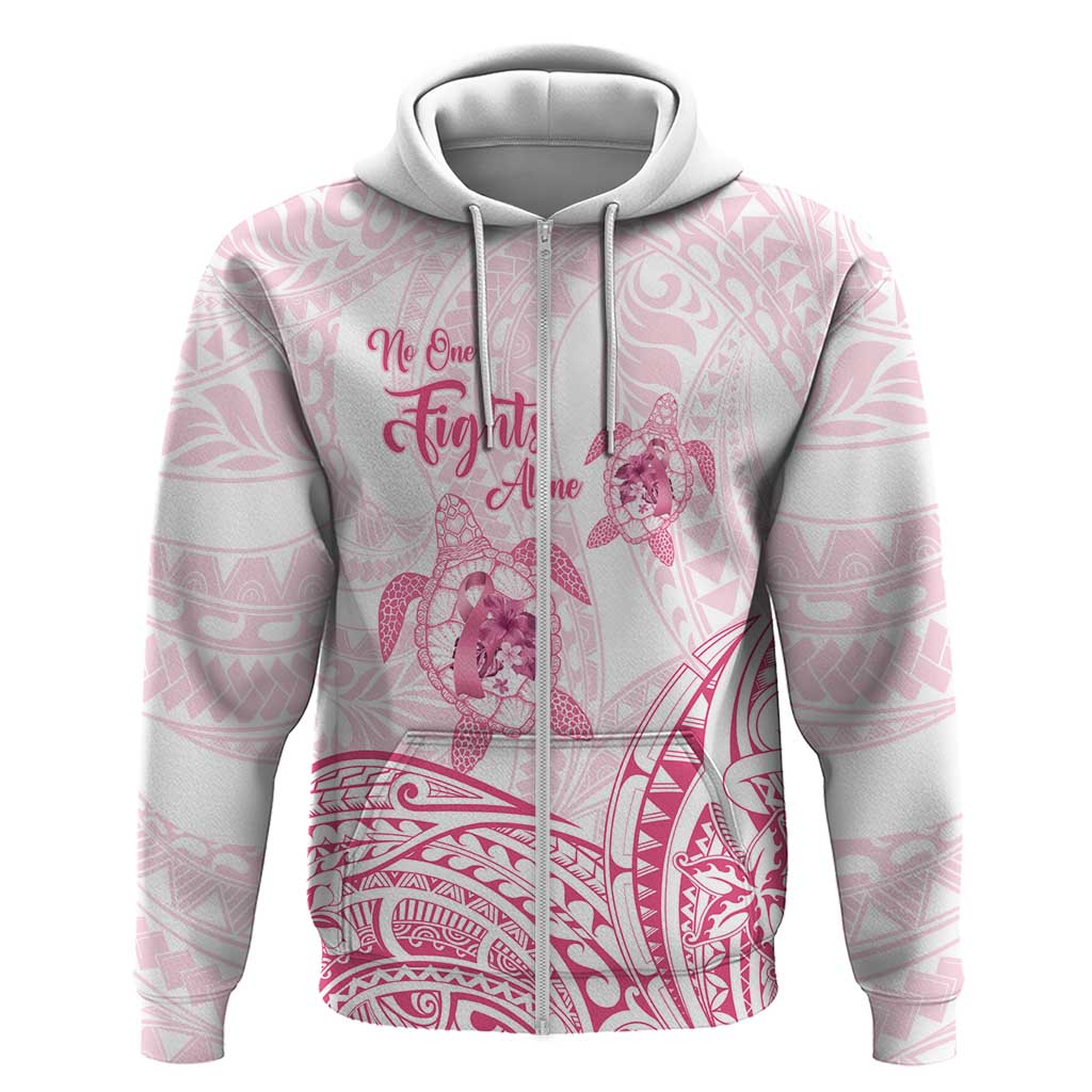 Personalised Polynesia Breast Cancer Awareness Hoodie No One Fights Alone Turtle Ribbon - White Version