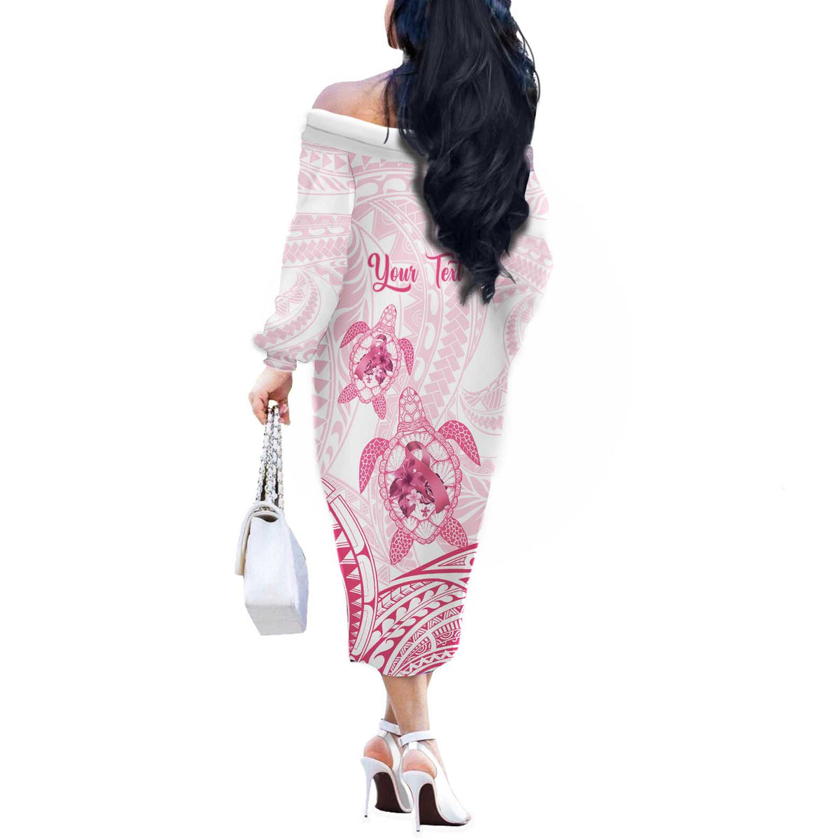Personalised Polynesia Breast Cancer Awareness Off The Shoulder Long Sleeve Dress No One Fights Alone Turtle Ribbon - White Version LT14 - Polynesian Pride