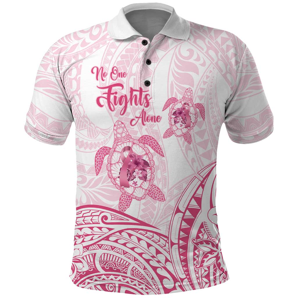 Personalised Polynesia Breast Cancer Awareness Polo Shirt No One Fights Alone Turtle Ribbon - White Version