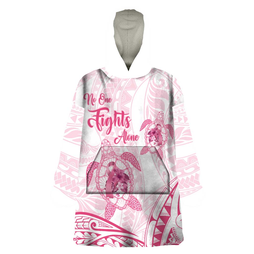 Personalised Polynesia Breast Cancer Awareness Wearable Blanket Hoodie No One Fights Alone Turtle Ribbon - White Version