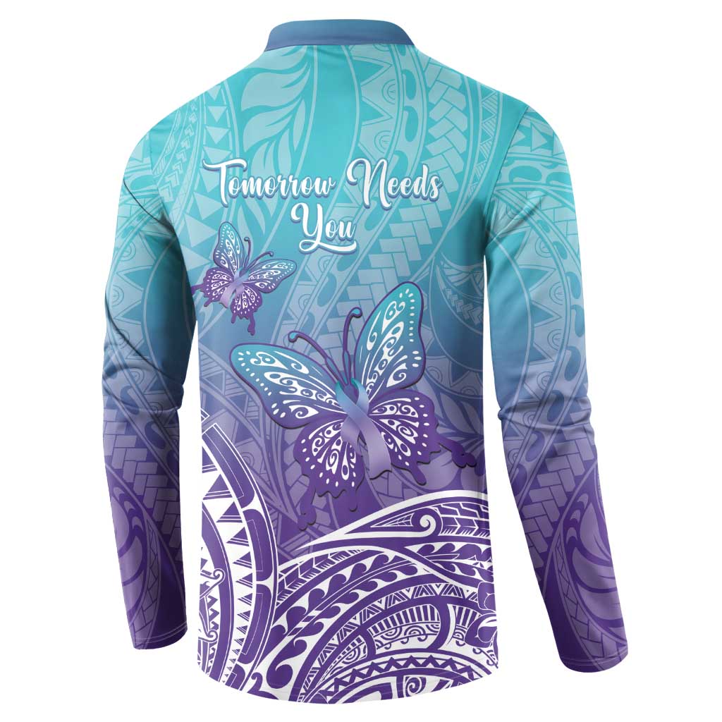 Polynesia Suicide Prevention Month Button Sweatshirt Butterfly Purple And Teal Ribbon Tomorrow Needs You