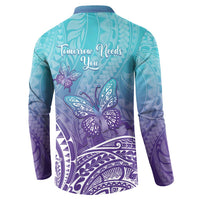 Polynesia Suicide Prevention Month Button Sweatshirt Butterfly Purple And Teal Ribbon Tomorrow Needs You