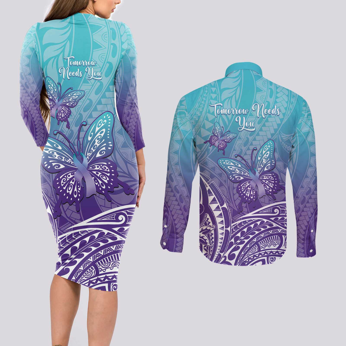 Polynesia Suicide Prevention Month Couples Matching Long Sleeve Bodycon Dress and Long Sleeve Button Shirt Butterfly Purple And Teal Ribbon Tomorrow Needs You