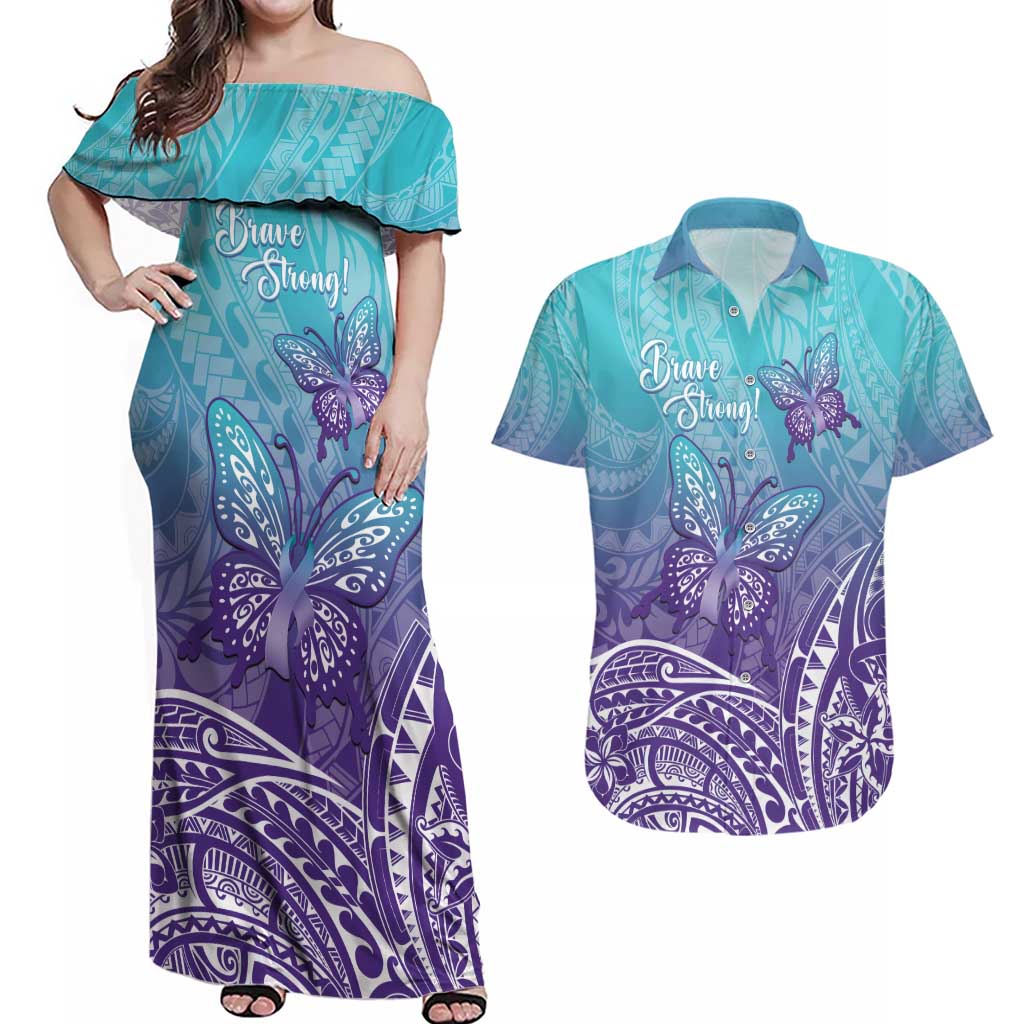 Polynesia Suicide Prevention Month Couples Matching Off Shoulder Maxi Dress and Hawaiian Shirt Butterfly Purple And Teal Ribbon Tomorrow Needs You