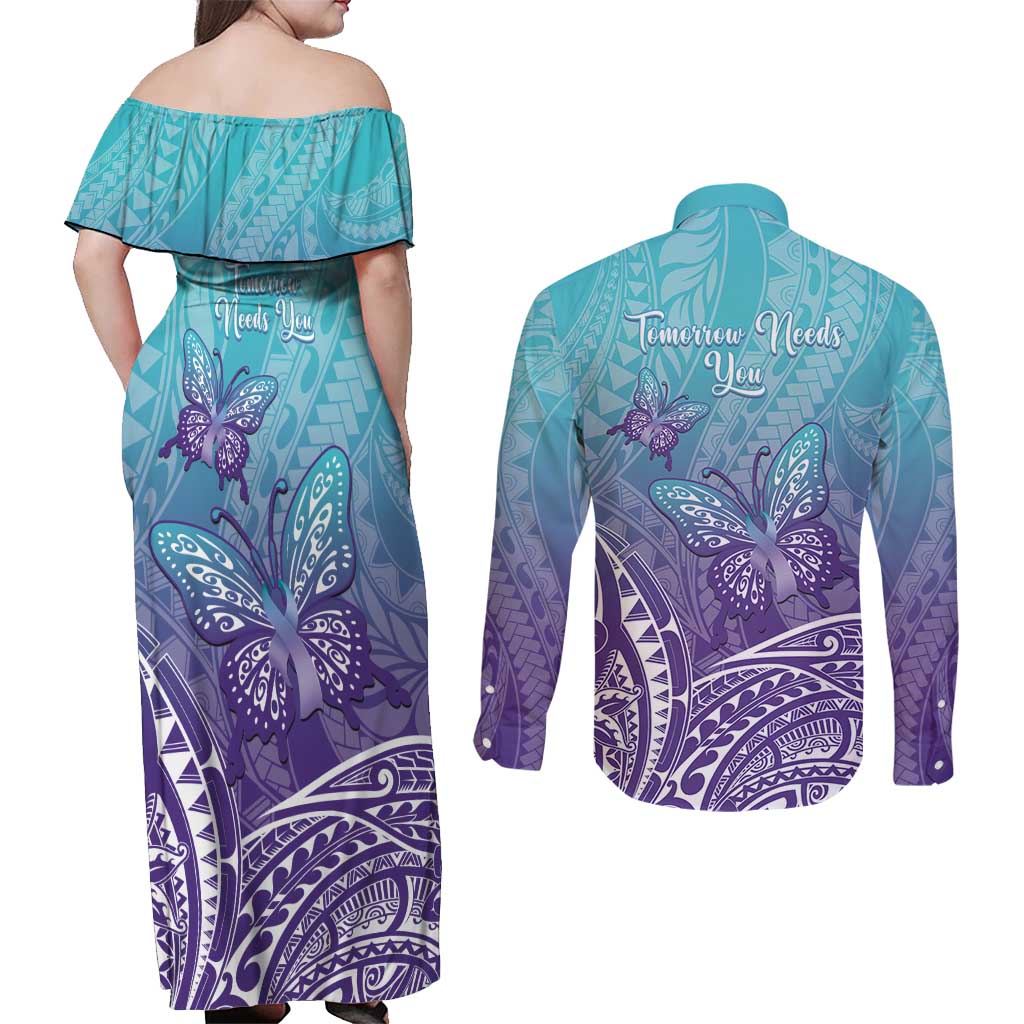Polynesia Suicide Prevention Month Couples Matching Off Shoulder Maxi Dress and Long Sleeve Button Shirt Butterfly Purple And Teal Ribbon Tomorrow Needs You