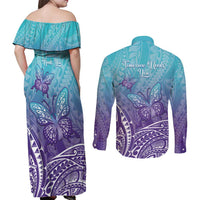 Polynesia Suicide Prevention Month Couples Matching Off Shoulder Maxi Dress and Long Sleeve Button Shirt Butterfly Purple And Teal Ribbon Tomorrow Needs You