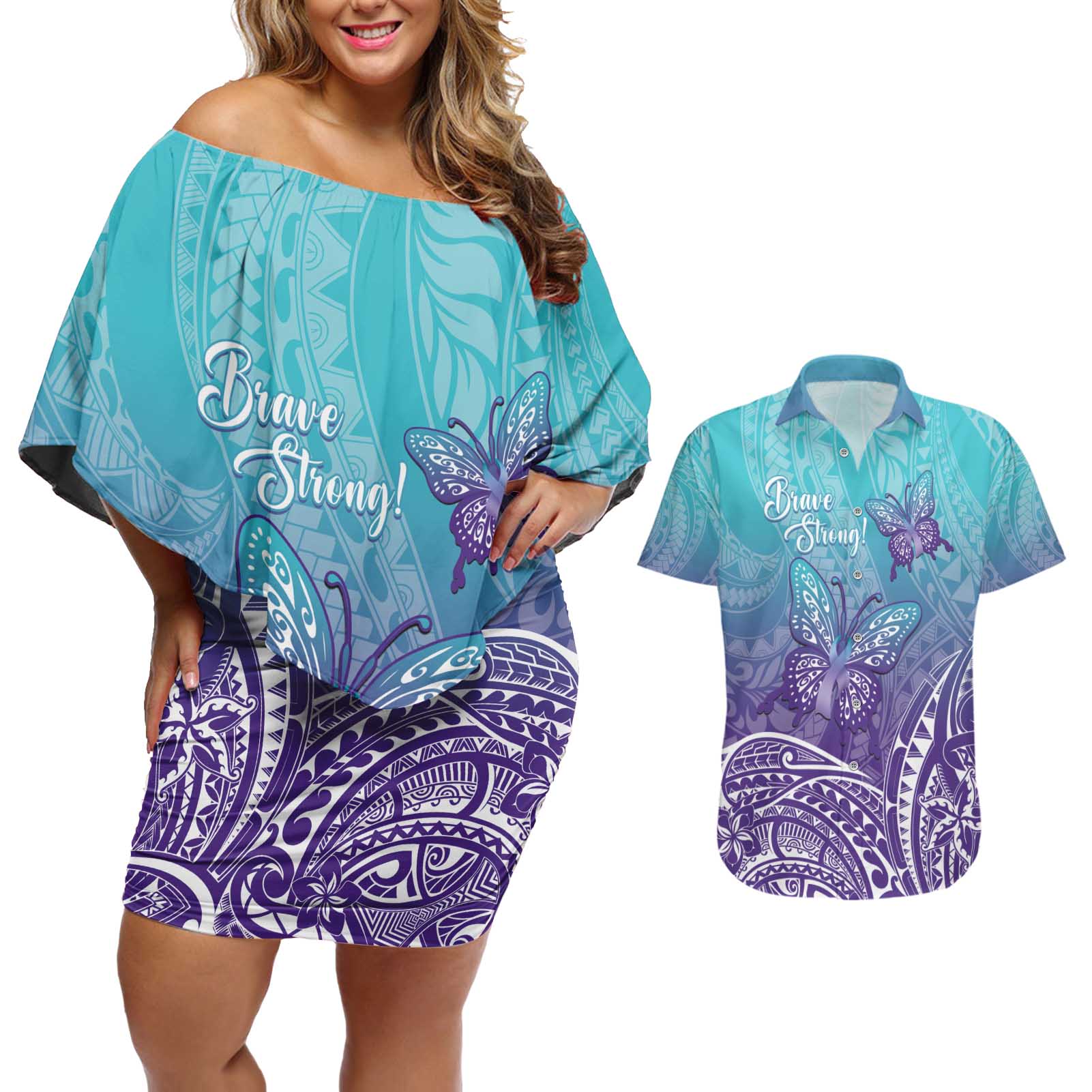Polynesia Suicide Prevention Month Couples Matching Off Shoulder Short Dress and Hawaiian Shirt Butterfly Purple And Teal Ribbon Tomorrow Needs You