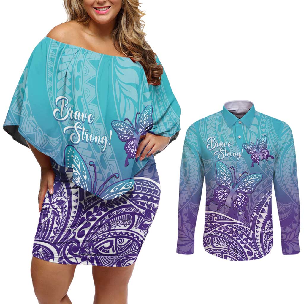 Polynesia Suicide Prevention Month Couples Matching Off Shoulder Short Dress and Long Sleeve Button Shirt Butterfly Purple And Teal Ribbon Tomorrow Needs You