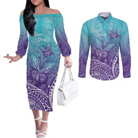 Polynesia Suicide Prevention Month Couples Matching Off The Shoulder Long Sleeve Dress and Long Sleeve Button Shirt Butterfly Purple And Teal Ribbon Tomorrow Needs You
