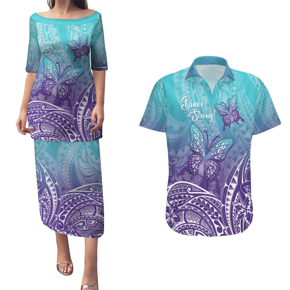 Polynesia Suicide Prevention Month Couples Matching Puletasi and Hawaiian Shirt Butterfly Purple And Teal Ribbon Tomorrow Needs You