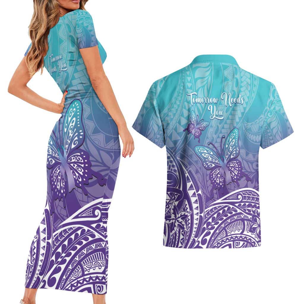 Polynesia Suicide Prevention Month Couples Matching Short Sleeve Bodycon Dress and Hawaiian Shirt Butterfly Purple And Teal Ribbon Tomorrow Needs You