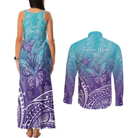 Polynesia Suicide Prevention Month Couples Matching Tank Maxi Dress and Long Sleeve Button Shirt Butterfly Purple And Teal Ribbon Tomorrow Needs You