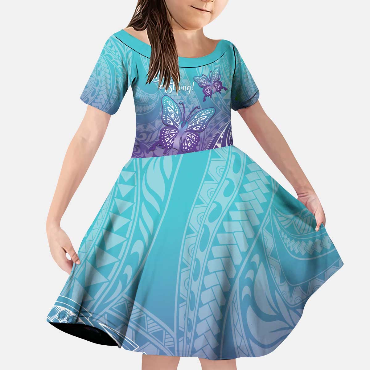 Polynesia Suicide Prevention Month Family Matching Puletasi and Hawaiian Shirt Butterfly Purple And Teal Ribbon Tomorrow Needs You LT14 Daughter's Dress Teal - Polynesian Pride