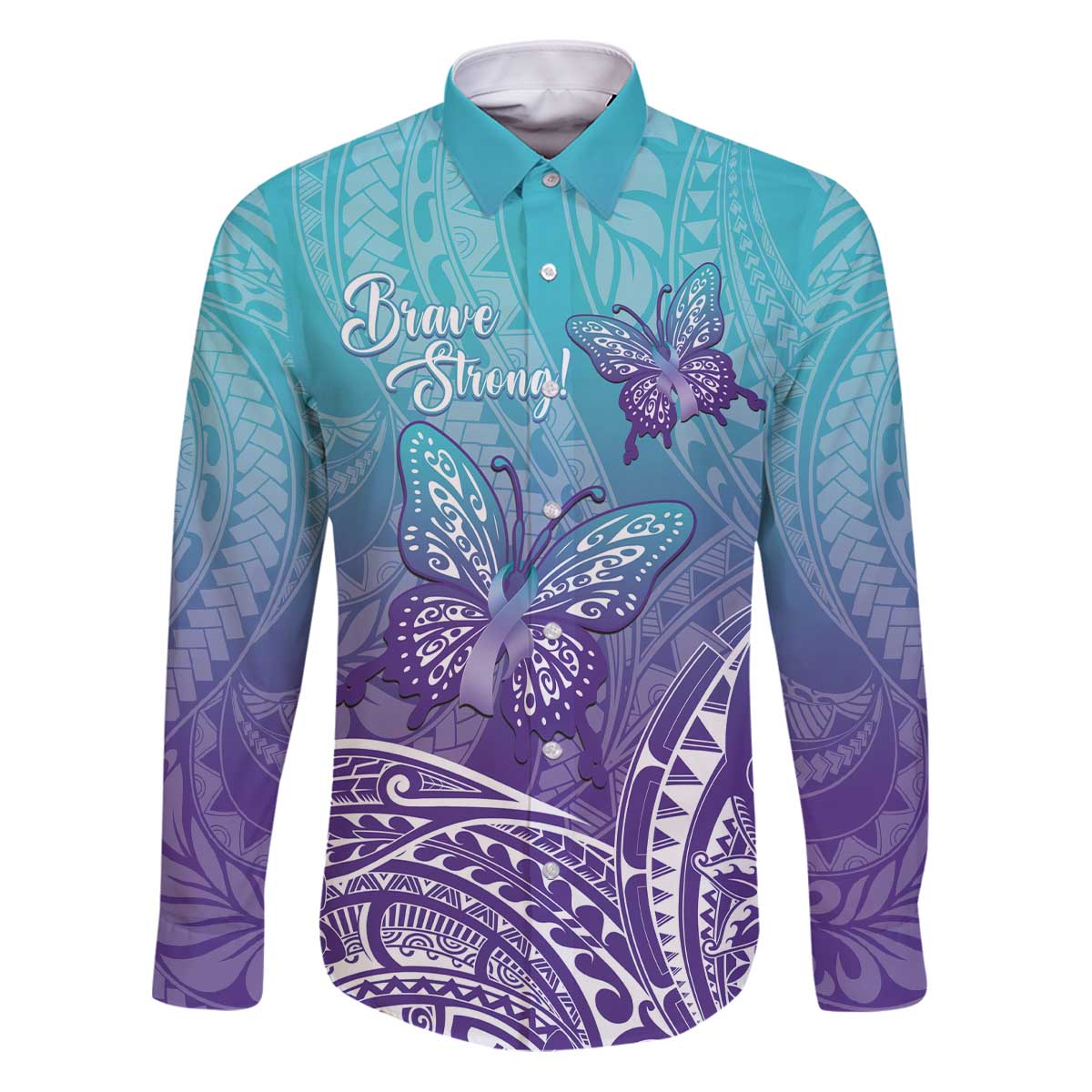 Polynesia Suicide Prevention Month Family Matching Puletasi and Hawaiian Shirt Butterfly Purple And Teal Ribbon Tomorrow Needs You LT14 Dad's Shirt - Long Sleeve Teal - Polynesian Pride