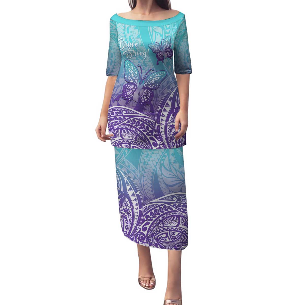 Polynesia Suicide Prevention Month Family Matching Puletasi and Hawaiian Shirt Butterfly Purple And Teal Ribbon Tomorrow Needs You LT14 Mom's Dress Teal - Polynesian Pride