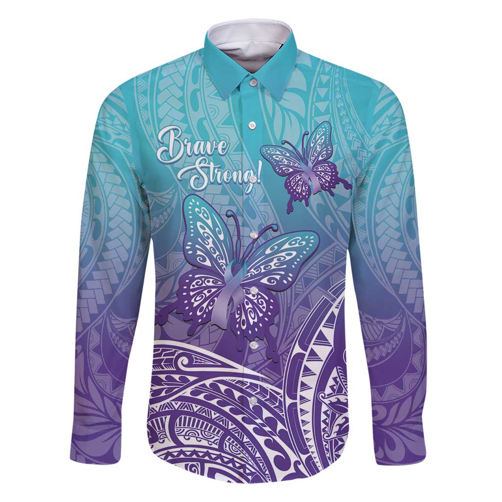 Polynesia Suicide Prevention Month Family Matching Summer Maxi Dress and Hawaiian Shirt Butterfly Purple And Teal Ribbon Tomorrow Needs You LT14 Dad's Shirt - Long Sleeve Teal - Polynesian Pride