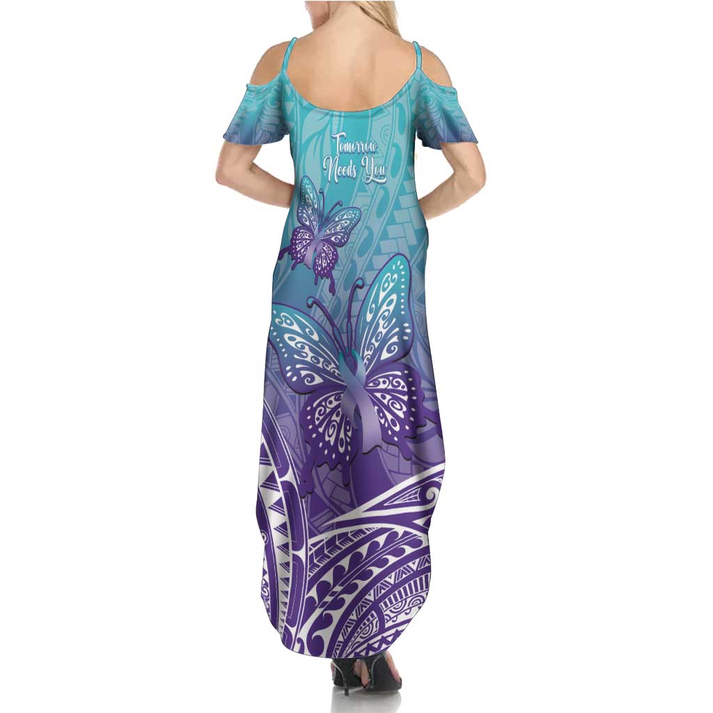 Polynesia Suicide Prevention Month Family Matching Summer Maxi Dress and Hawaiian Shirt Butterfly Purple And Teal Ribbon Tomorrow Needs You LT14 - Polynesian Pride