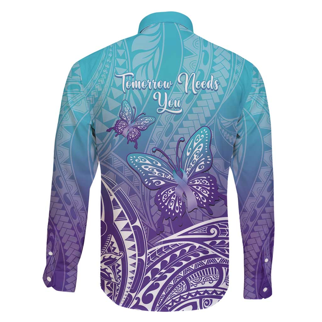 Polynesia Suicide Prevention Month Family Matching Tank Maxi Dress and Hawaiian Shirt Butterfly Purple And Teal Ribbon Tomorrow Needs You