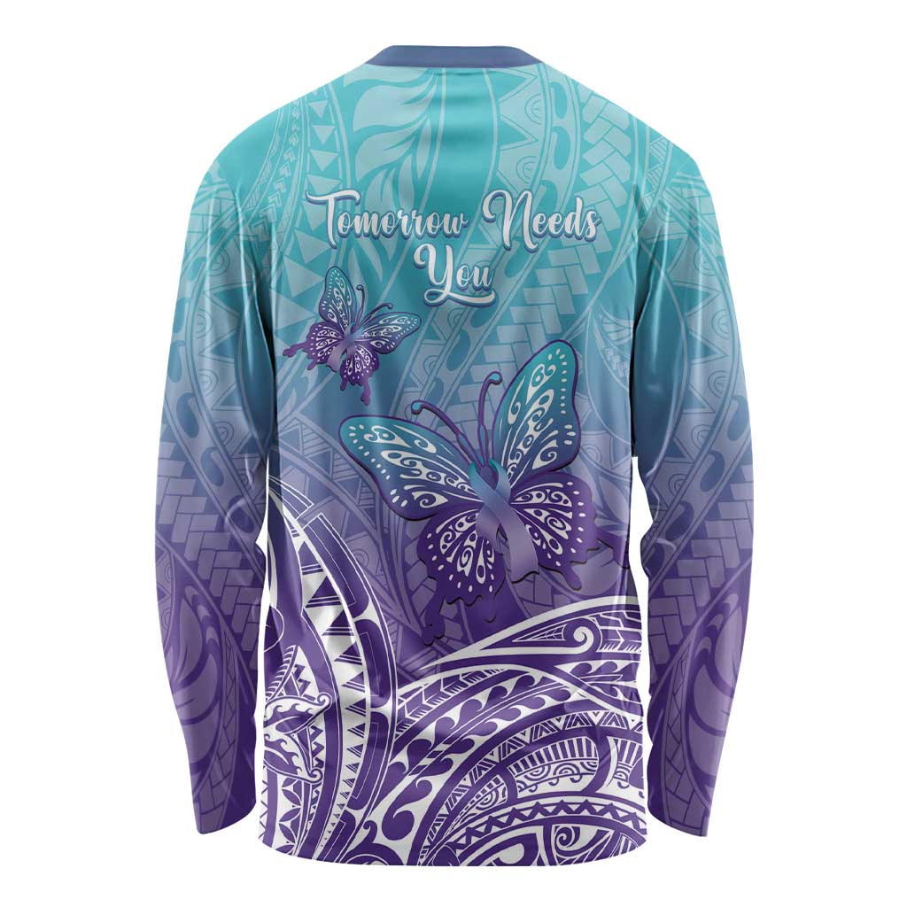 Polynesia Suicide Prevention Month Long Sleeve Shirt Butterfly Purple And Teal Ribbon Tomorrow Needs You