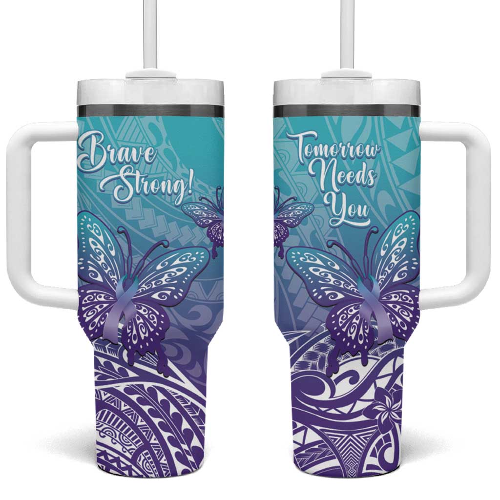 Polynesia Suicide Prevention Month Tumbler With Handle Butterfly Purple And Teal Ribbon Tomorrow Needs You