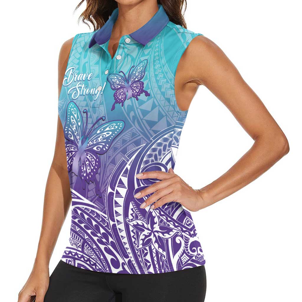 Polynesia Suicide Prevention Month Women Sleeveless Polo Shirt Butterfly Purple And Teal Ribbon Tomorrow Needs You