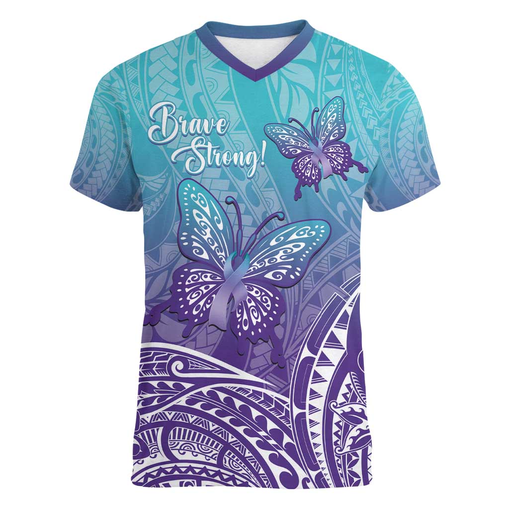 Polynesia Suicide Prevention Month Women V-Neck T-Shirt Butterfly Purple And Teal Ribbon Tomorrow Needs You