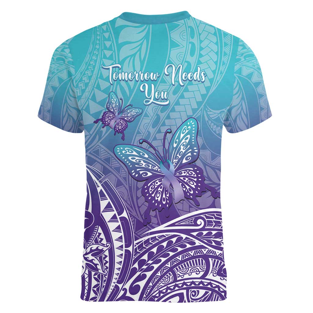Polynesia Suicide Prevention Month Women V-Neck T-Shirt Butterfly Purple And Teal Ribbon Tomorrow Needs You