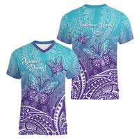Polynesia Suicide Prevention Month Women V-Neck T-Shirt Butterfly Purple And Teal Ribbon Tomorrow Needs You