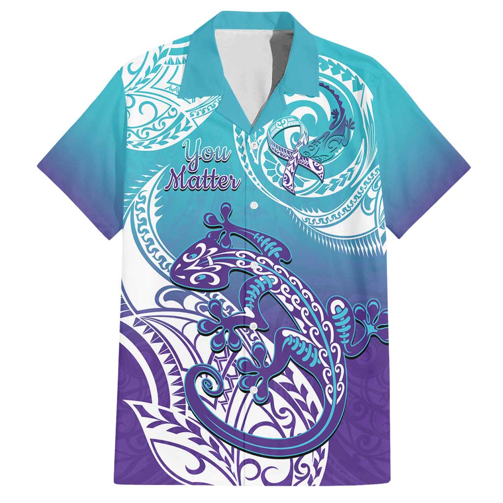 Personalised New Zealand Suicide Prevention Month Family Matching Long Sleeve Bodycon Dress and Hawaiian Shirt You Matter NZ Fern With Maori Koru Lizard LT14 Dad's Shirt - Short Sleeve Teal - Polynesian Pride