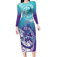 Personalised New Zealand Suicide Prevention Month Family Matching Long Sleeve Bodycon Dress and Hawaiian Shirt You Matter NZ Fern With Maori Koru Lizard LT14 Mom's Dress Teal - Polynesian Pride