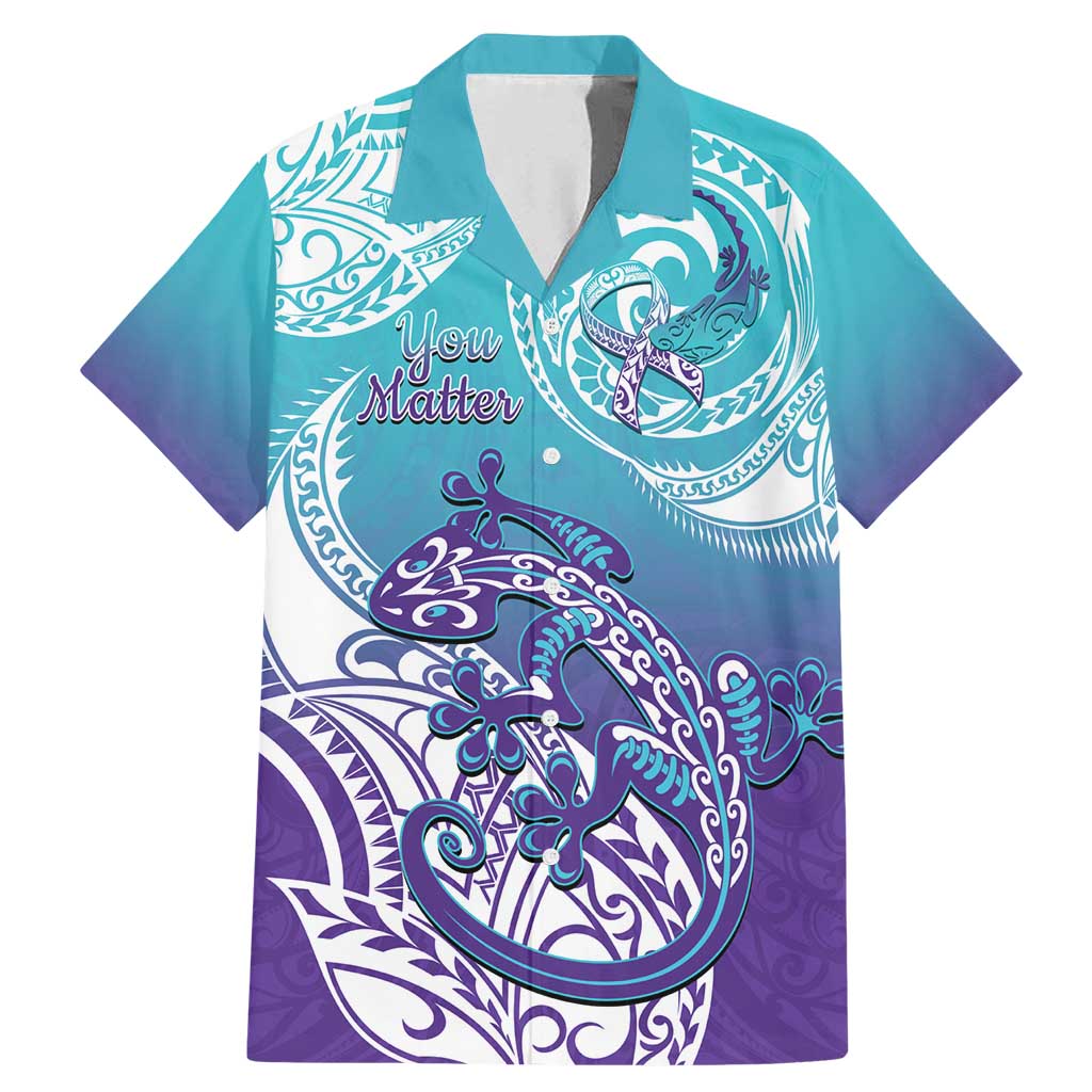 Personalised New Zealand Suicide Prevention Month Family Matching Mermaid Dress and Hawaiian Shirt You Matter NZ Fern With Maori Koru Lizard LT14 Dad's Shirt - Short Sleeve Teal - Polynesian Pride