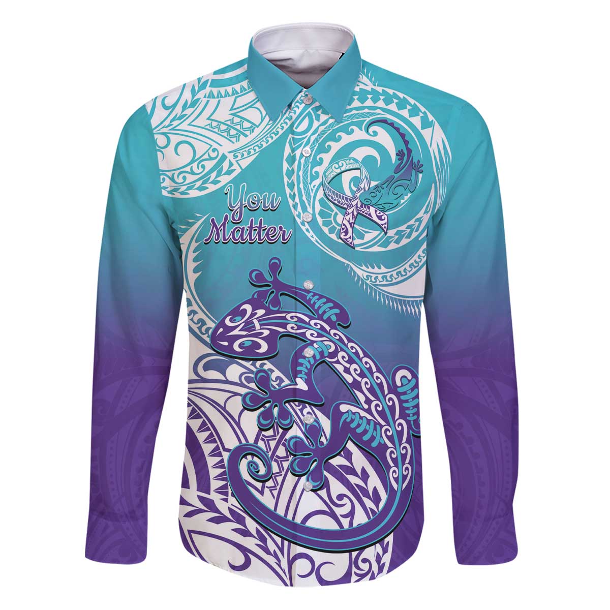 Personalised New Zealand Suicide Prevention Month Family Matching Puletasi and Hawaiian Shirt You Matter NZ Fern With Maori Koru Lizard LT14 Dad's Shirt - Long Sleeve Teal - Polynesian Pride